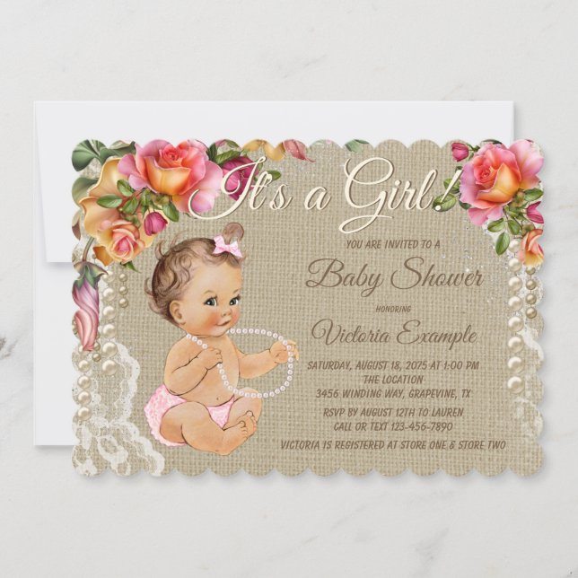 Invitations de douche pour bébé Burlap et dentelle (Devant)