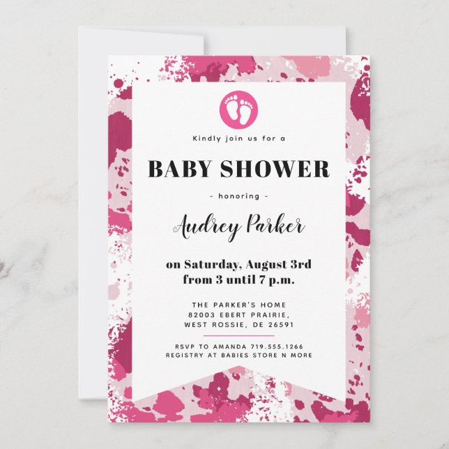 Invitations de douche pour bébé Camo rose (Devant)