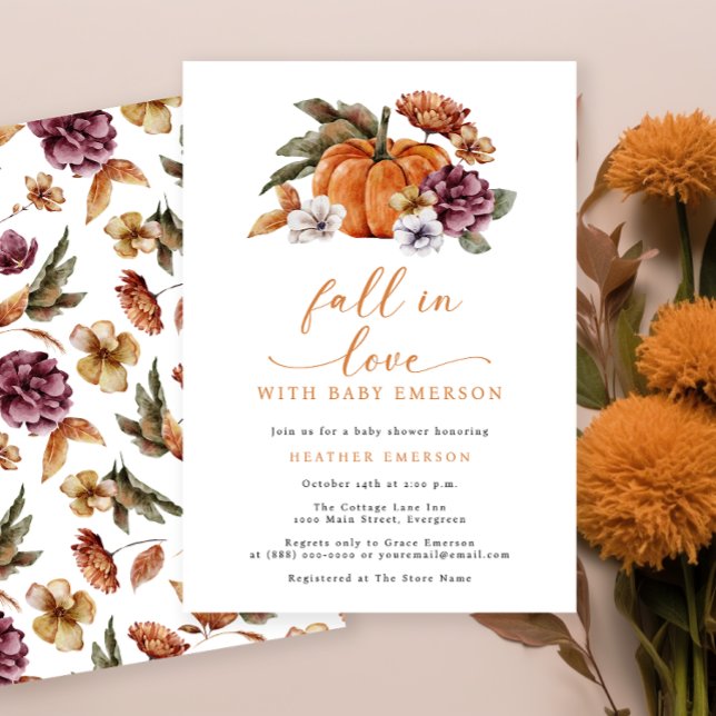 Invitations de douche pour bébé Citrouille orange  (Fall In Love With Baby Burnt Orange Baby Shower Invitation Watercolor Floral Pumpkins )