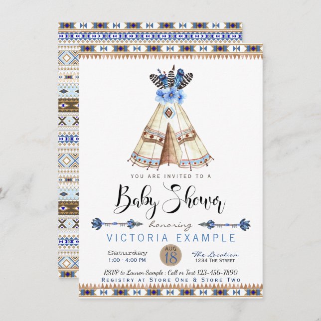 Invitations de douche pour bébé de la tribu Teepee (Devant / Derrière)