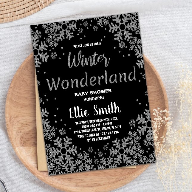 Invitations de douche pour bébé d'hiver Black Silv (Winter Baby Shower Invitations Black Silver)