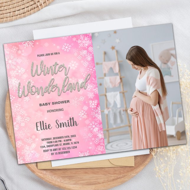 Invitations de douche pour bébé d'hiver Photo Neig (Winter Baby Shower Invitations Pink Snow Photo)