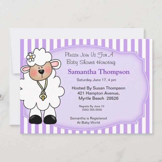 Invitations de douche pour bébé en agneau (violet) (Devant)