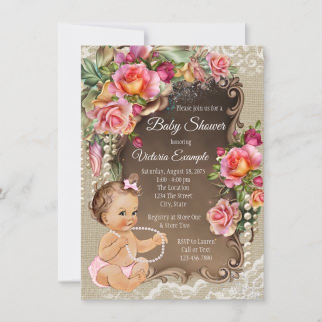 Invitations de douche pour bébé en dentelle Burlap (Devant)