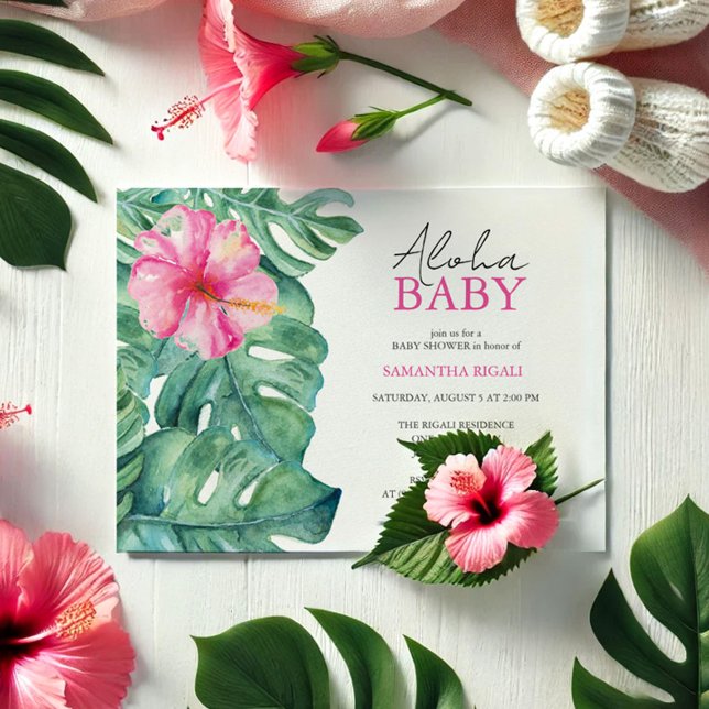 Invitations de douche pour bébé fille Aloha (Aloha baby shower invitations watercolor pink hibiscus and palm leaf art by Victoria Grigaliunas)