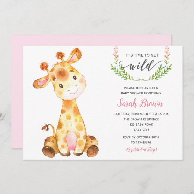 Invitations de douche pour bébé fille (Giraffe ros (Devant / Derrière)