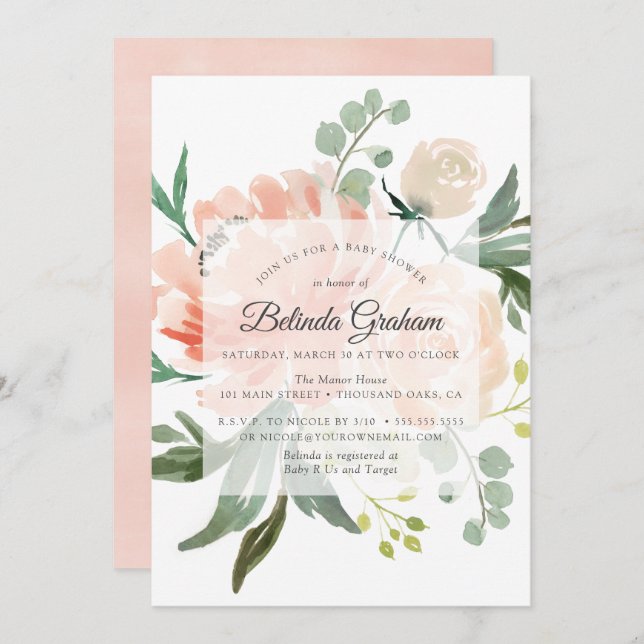 Invitations de douche pour bébé | Floral doux 01 (Devant / Derrière)
