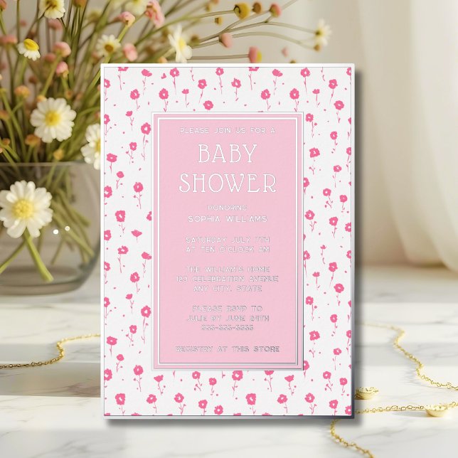 Invitations de douche pour bébé Floral rose argent (Créateur téléchargé)