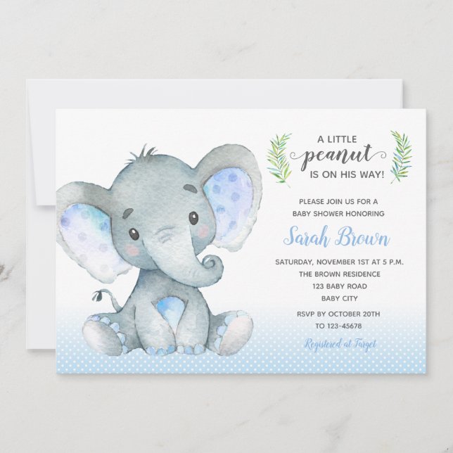 Invitations de douche pour bébé garçon (Eléphant P (Devant)