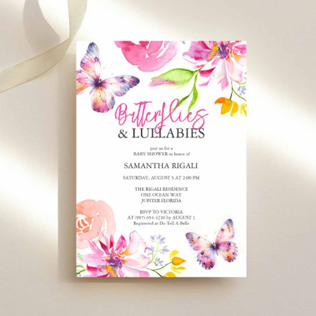 Invitations de douche pour bébé papillon (Butterfly babyshower invitations in pink, lavender and peach by Victoria Grigaliunas Do Tell A Belle)