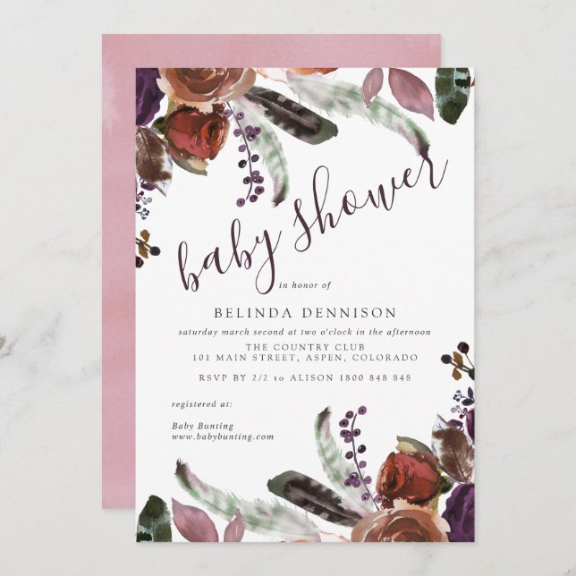 Invitations de douche pour bébé | Plum d'automne B (Devant / Derrière)