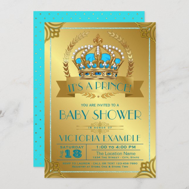 Invitations de douche pour bébé Prince turquoise e (Devant / Derrière)