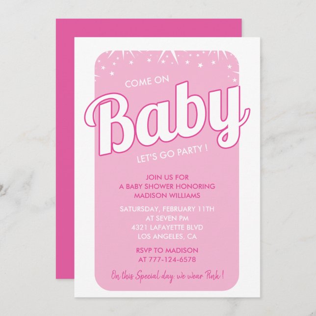 Invitations de douche pour bébé rose chaud typogra (Devant / Derrière)