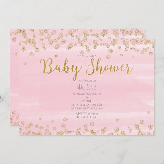 Invitations de douche pour bébé rose clair et or (Devant / Derrière)