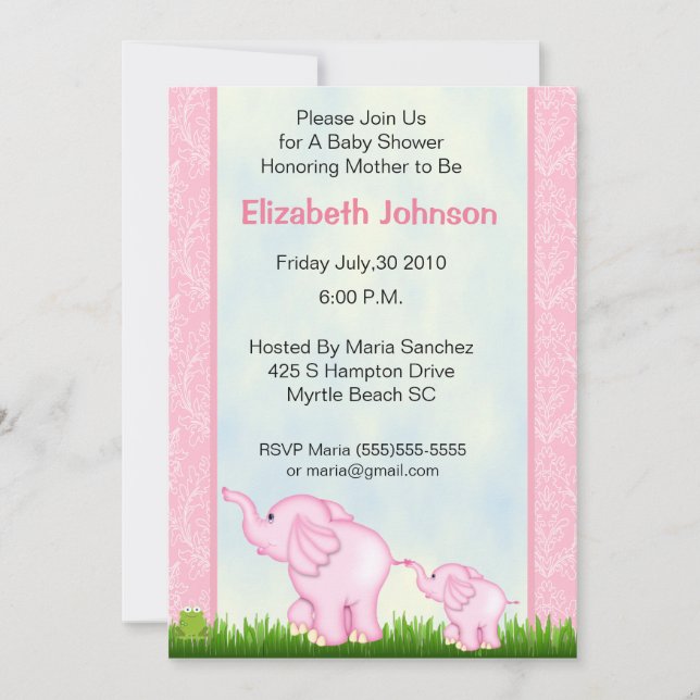Invitations de douche pour bébé rose éléphant (Devant)