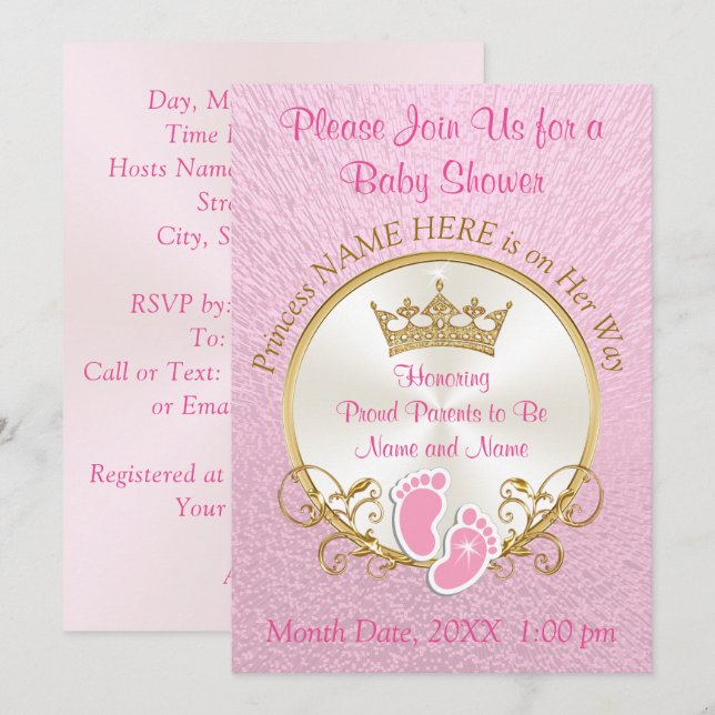 Invitations de douche pour bébé rose et or, Person (Devant / Derrière)