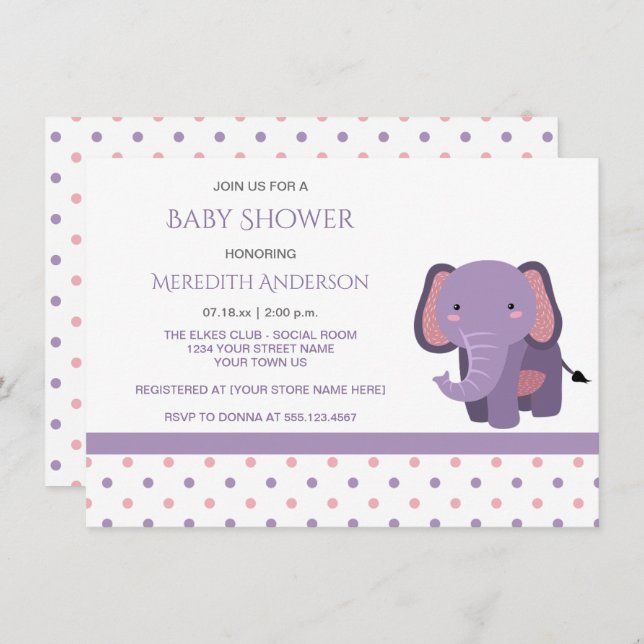 Invitations de douche pour bébé rose et violet Ele (Devant / Derrière)