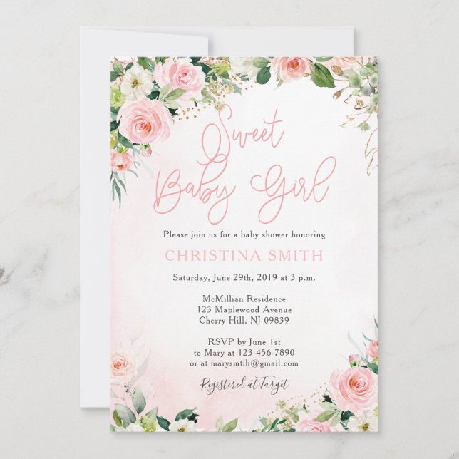 Invitations de douche pour bébé rose floral (Devant)
