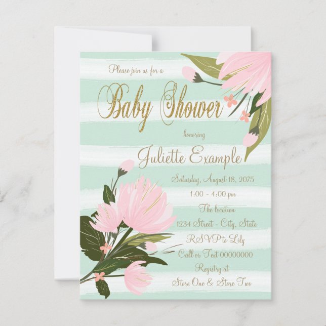 Invitations de douche pour bébé rose Mint or (Devant)