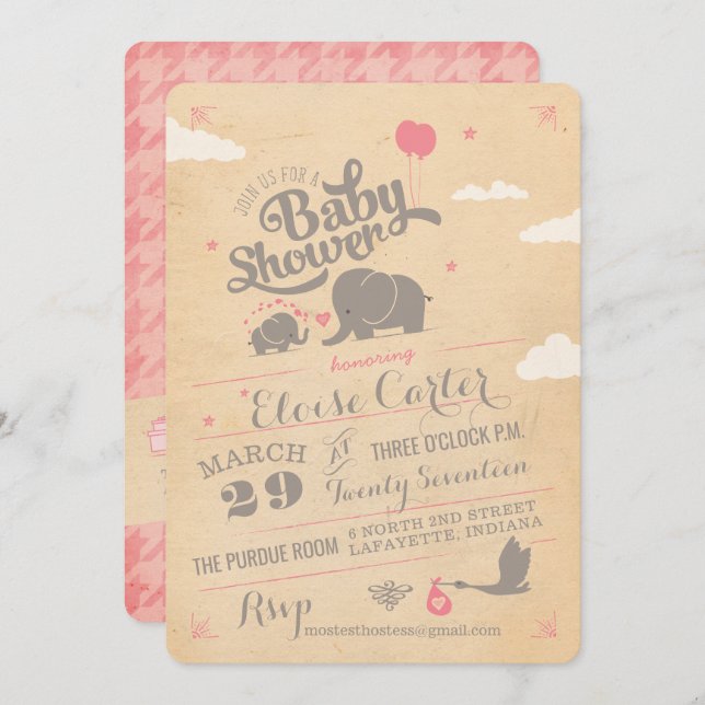 Invitations de douche pour bébé rose vintage (Devant / Derrière)