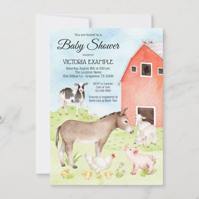 Invitations de douche pour bébés animaux de ferme (Devant)