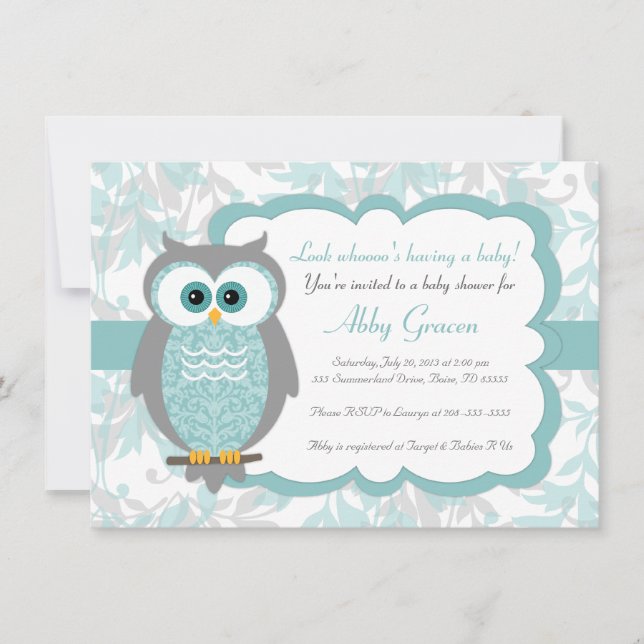 Invitations de douche pour bébés Hibou, Aqua, Grey (Devant)