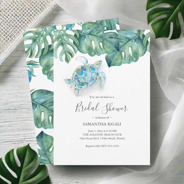 Invitations de douche tropicale nuptiale Impressio (Tropical bridal shower invitations printing with watercolor sea turtle and monstera leaves)