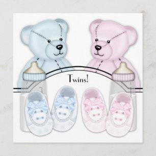 Invitations de douches bébé Twin Bleu Pink Teddy B