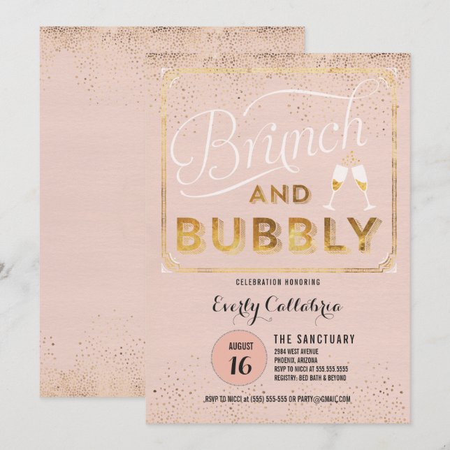 Invitations de douches en or à Brunch et Bubbly Ro (Devant / Derrière)