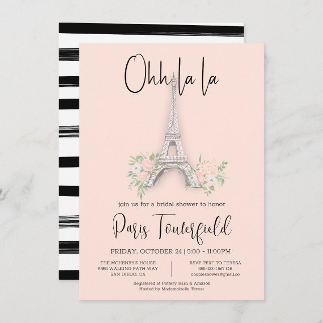 Invitations de douches nuptiales à thème Paris (Devant / Derrière)