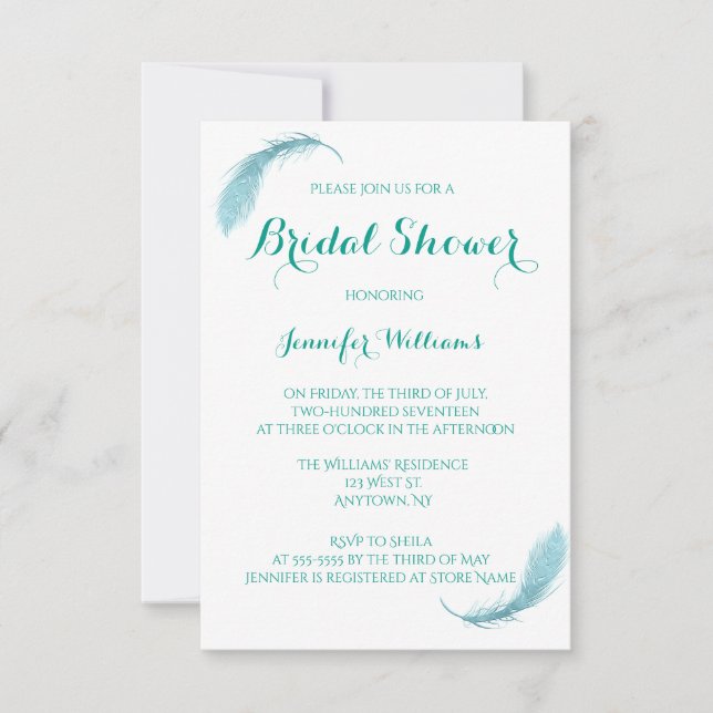 Invitations de douches nuptiales en plumes Turquoi (Devant)