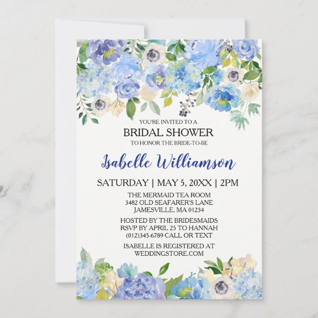 Invitations de douches nuptiales florales bleues e (Devant)