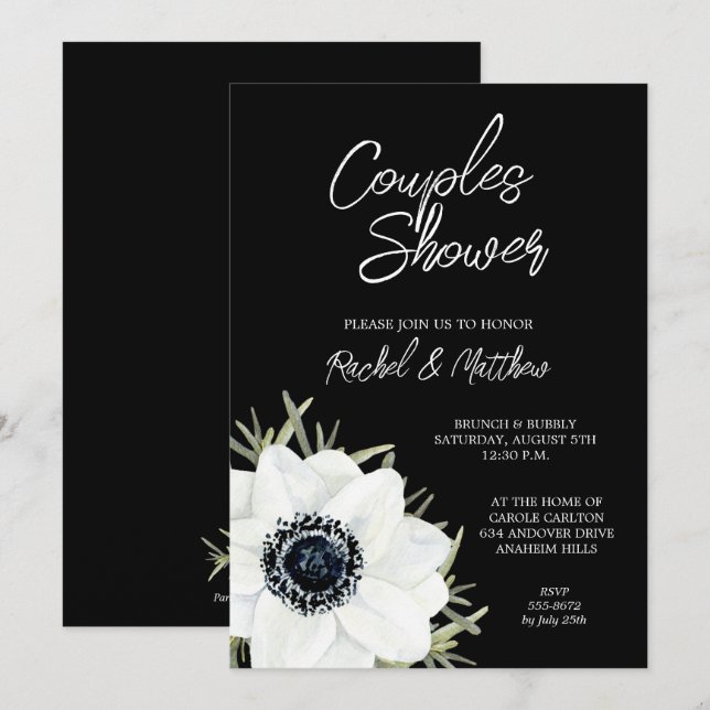 Invitations de douches nuptiales florales noires e (Devant / Derrière)
