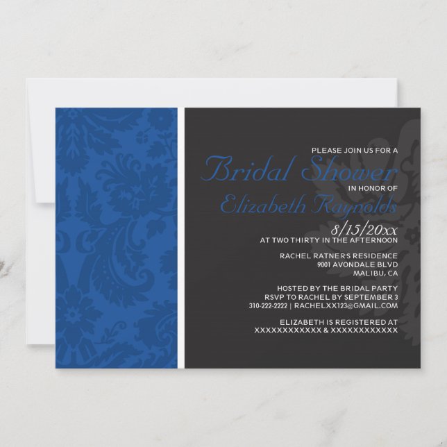 Invitations de douches nuptiales Royal Blue Damask (Devant)