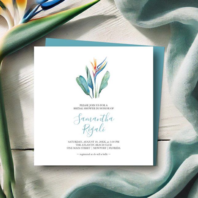 Invitations de douches nuptiales tropicales (Tropical bridal shower invitations watercolor flower by Victoria Grigaliunas Do Tell A Belle)
