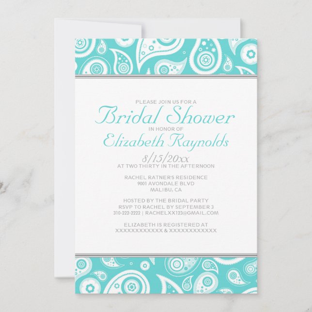 Invitations de douches nuptiales Turquoises Paisle (Devant)