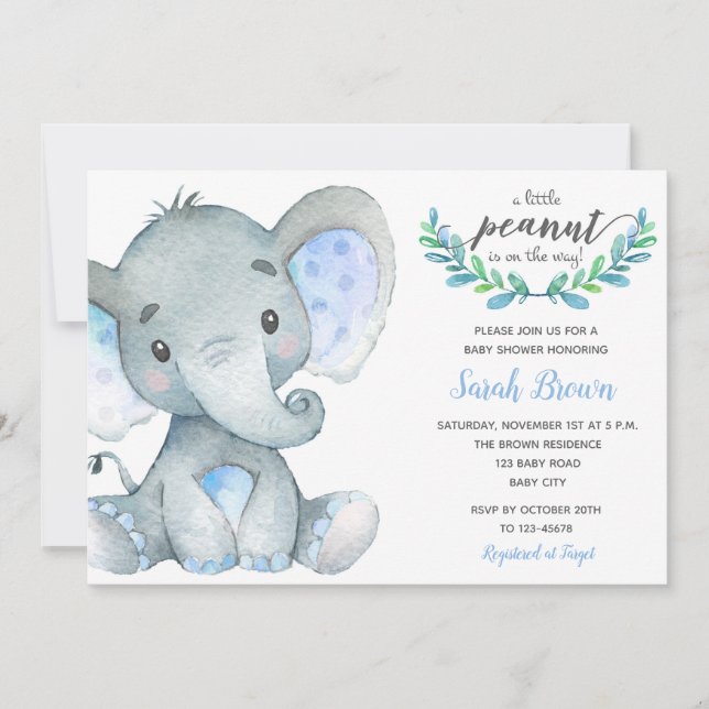 Invitations de douches pour bébé éléphant (aquarel (Devant)
