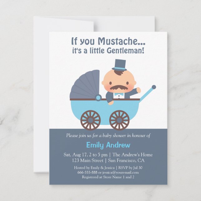Invitations de douches pour bébé messieurs Mustach (Devant)