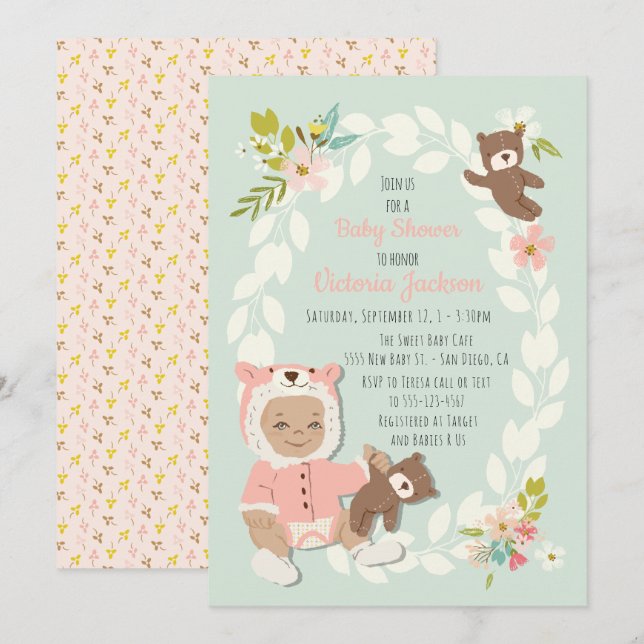Invitations de douches pour bébé Woodland Bear (Devant / Derrière)