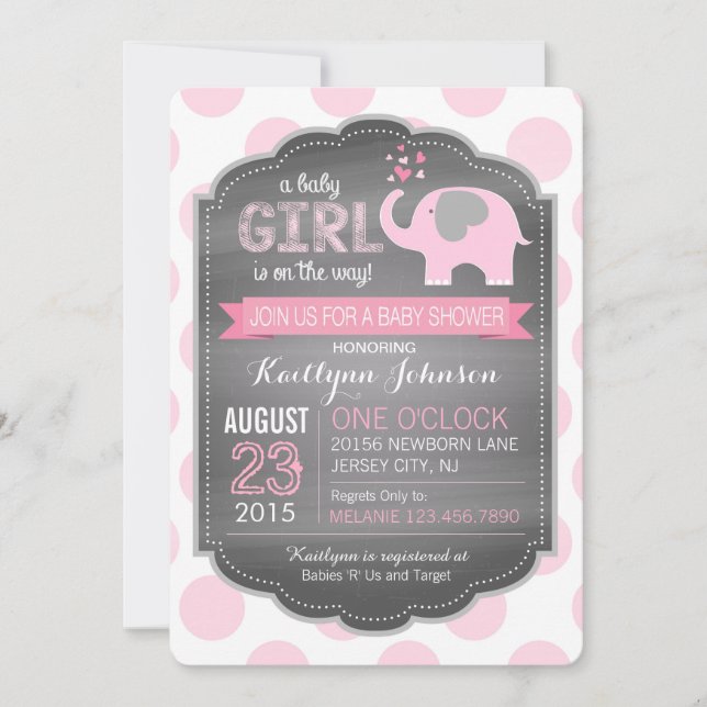 Invitations de douches pour bébés à éléphant rose  (Devant)