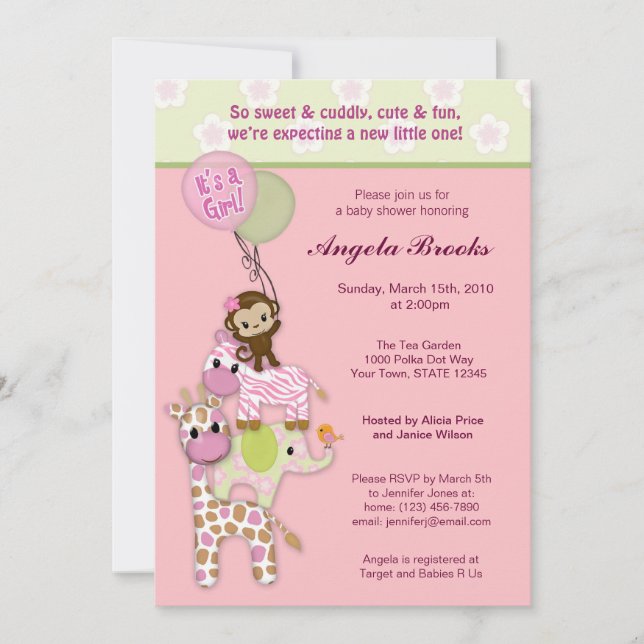 Invitations de douches pour bébés animaux de Girl  (Devant)