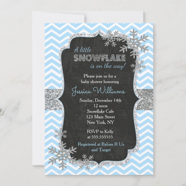 Invitations de douches pour bébés Blue Snowflake (Devant)