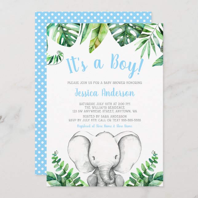 Invitations de douches pour bébés éléphant de la j (Devant / Derrière)