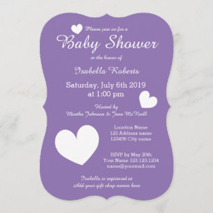 Invitations de douches pour bébés mauves au coeur 