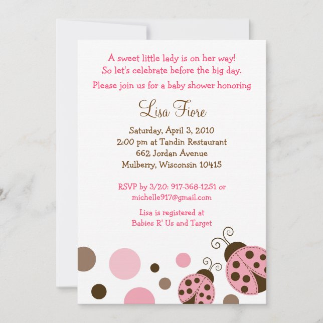 Invitations de douches pour bébés Pink Mod Ladybug (Devant)