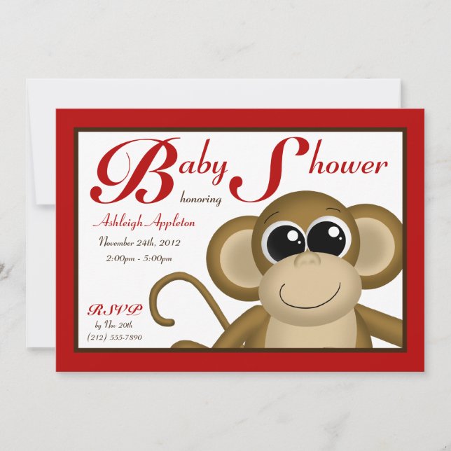 Invitations de douches pour bébés rouges à singe m (Devant)