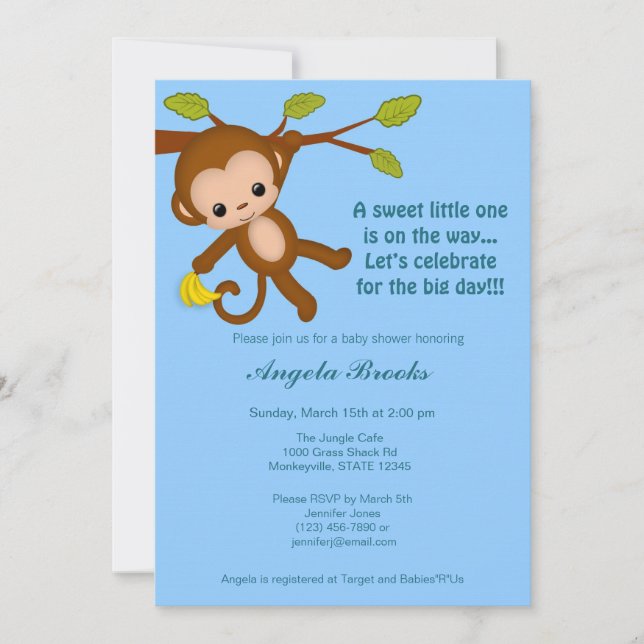 Invitations de douches pour bébés singe Garçon BLU (Devant)