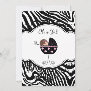 Invitations de douches pour bébés Zebra noir rose