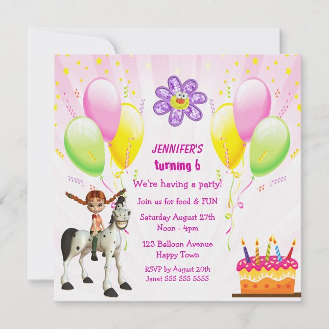 Invitations de fête d'anniversaire Cute Pony, Cake (Devant)