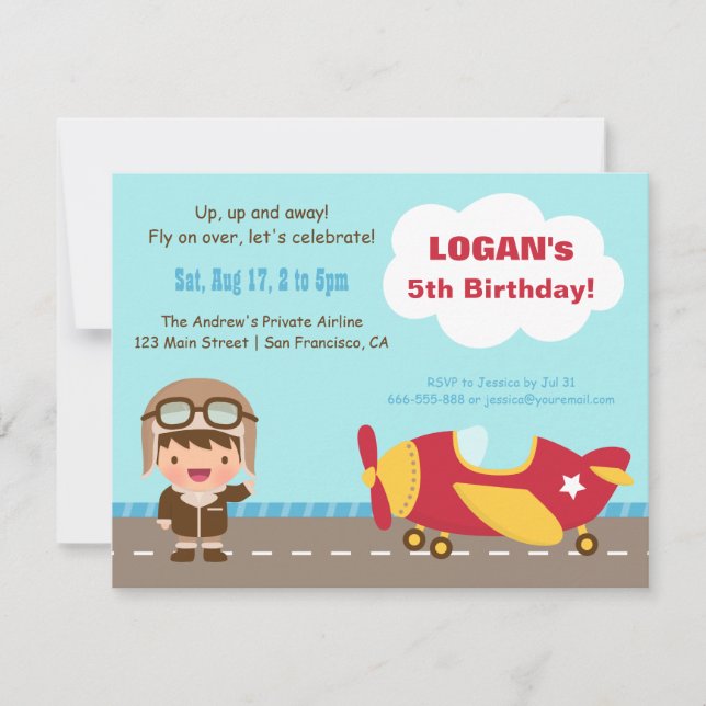 Invitations de fête d'anniversaire d'avion de (Devant)